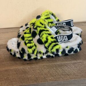 UGG Fluff Yeah Animalia slide slippers leopard key lime size 8 shoes